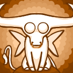 A cel-shaded digital drawing of Tinkerbull, who is politely sitting on a bronze-colored cushion, facing the viewer.